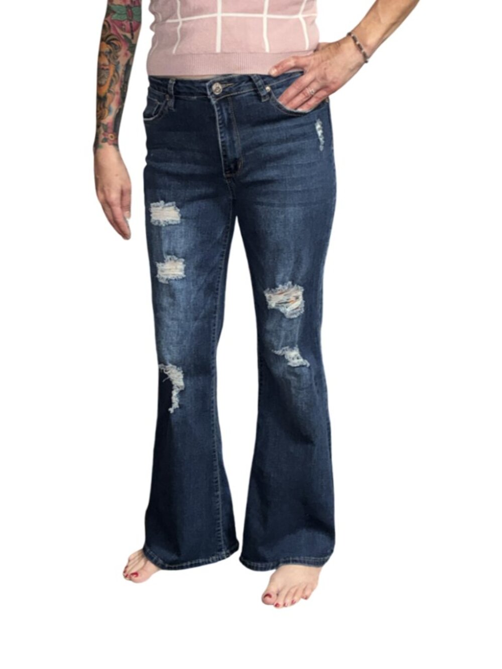 Sz.11*Almost Famous*Blue Denim Ripped-Up Flared Leg Jeans--Mid-Rise